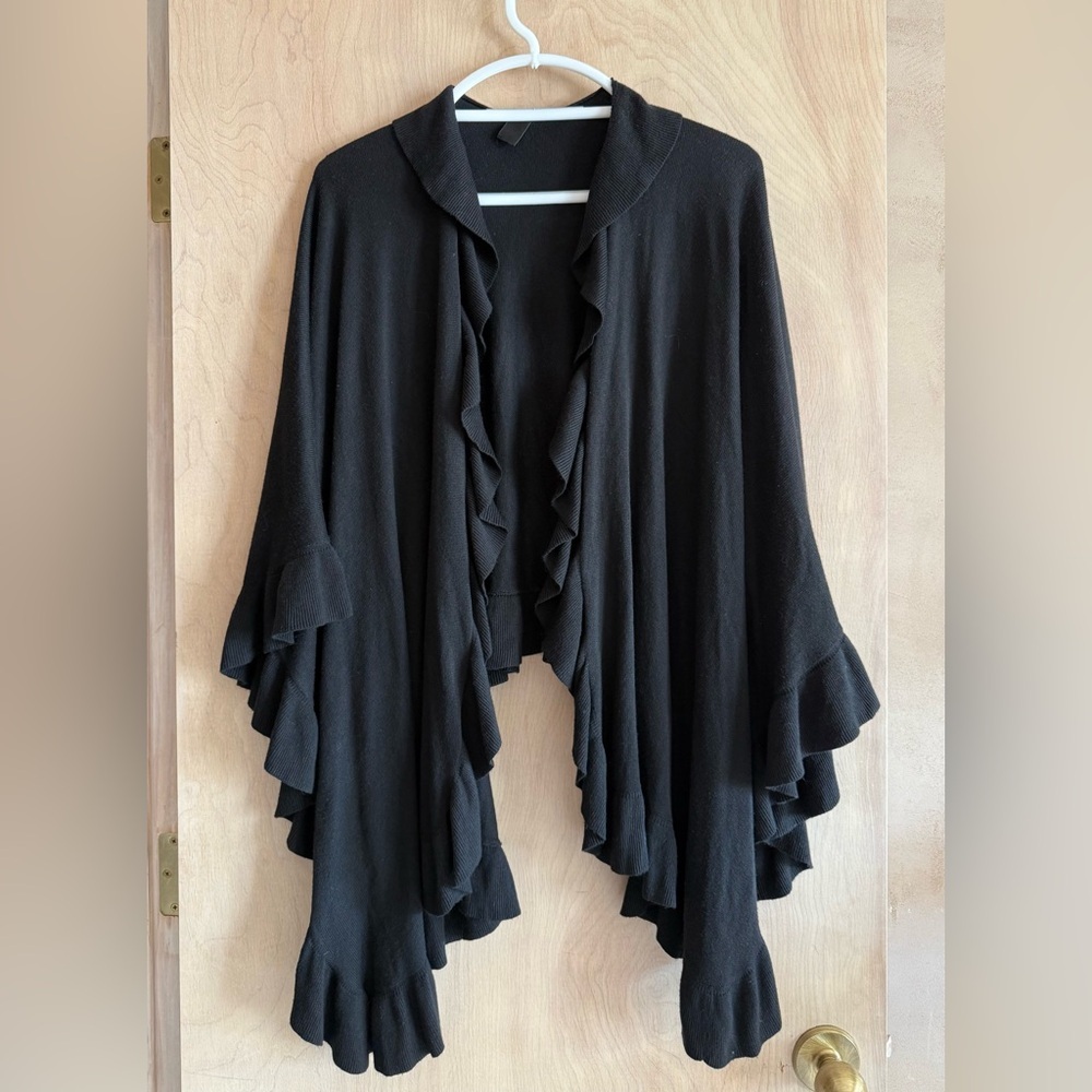 Doncaster Black Ruffled Knit Cape Wrap Cardigan Luxe Heavyweight OS